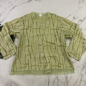 Connie's Moon Light Womens Linen Top Size L Green Sheer Trim Lagenlook